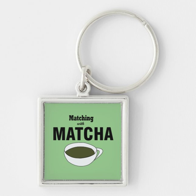 Matcha Grönt Tea Fyrkantig Silverfärgad Nyckelring (Framsidan)