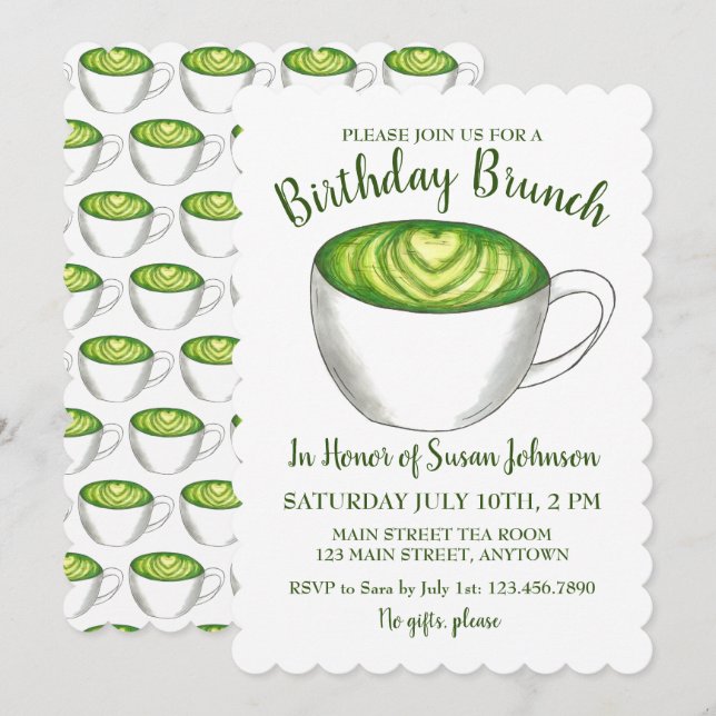 Matcha Grönt Tea Latte Party Birthday Brunch Inbjudningar (Fram/baksida)
