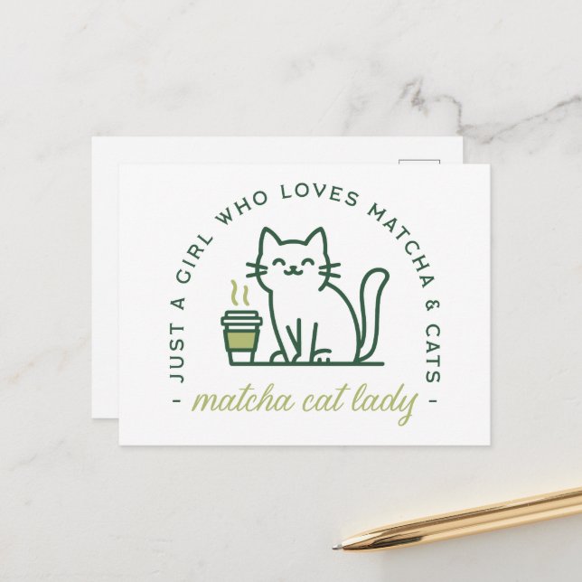 Matcha-kattlover är bara en tjej som kawaii-grönt vykort (Fram/Back In Situ)