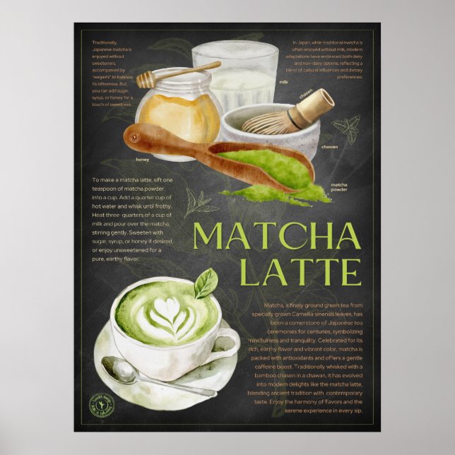 Matcha Latte Recipe Chalkboard Kitchen Art Poster (Framsidan)