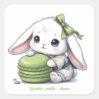Matcha Macaron Baby Bunny - Kimono Yukata & Ribbon Fyrkantigt Klistermärke