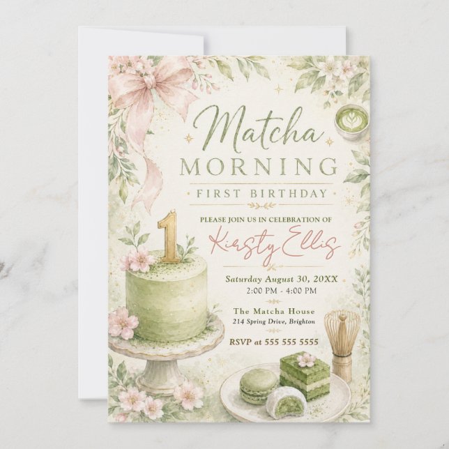 Matcha Morgon Första Födelsedag Inbjudningar (Framsida)