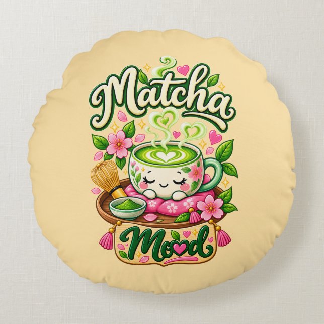 Matcha-stämning – Söt Kawaii-matchate  Rund Kudde (Framsidan)