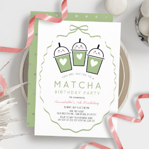 Matcha Tekväll Kawaii Bow Ram Flicka Födelsedag Inbjudningar