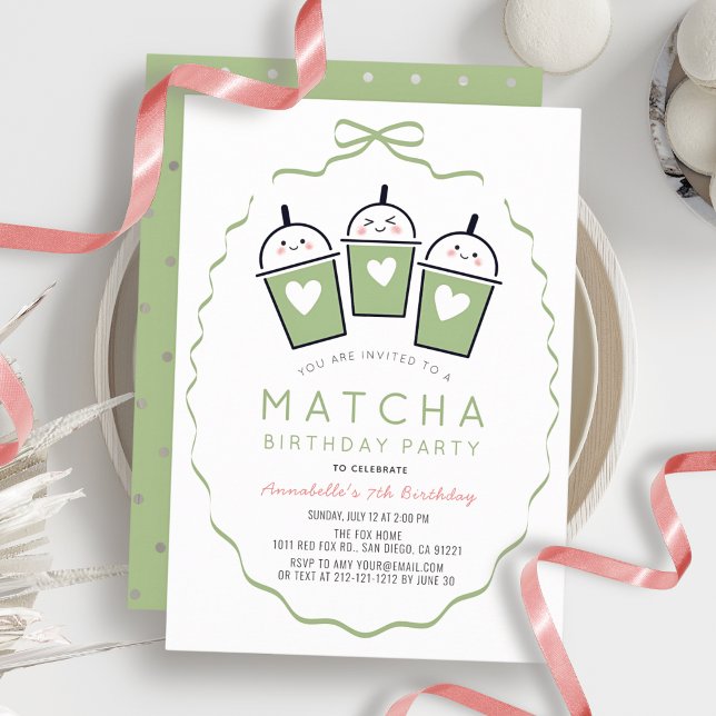 Matcha Tekväll Kawaii Bow Ram Flicka Födelsedag Inbjudningar (Skapare uppladdad)