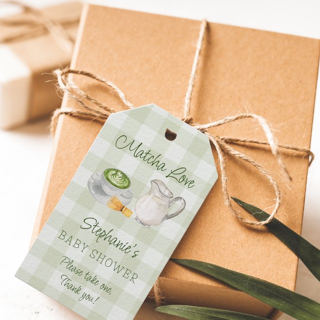 Matcha-tema Grön Rutig Randig Bebis Shower Presentetikett (Skapare uppladdad)