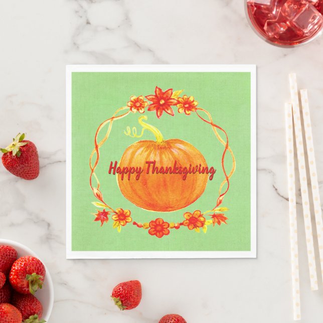 Matcha Thanksgiving Watercolor Pumpkin Cocktail Pappersservett (Insitu)