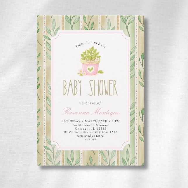Matcha Växt Salvia Randiga Blad Tjej Bebis Shower Inbjudningar (Skapare uppladdad)