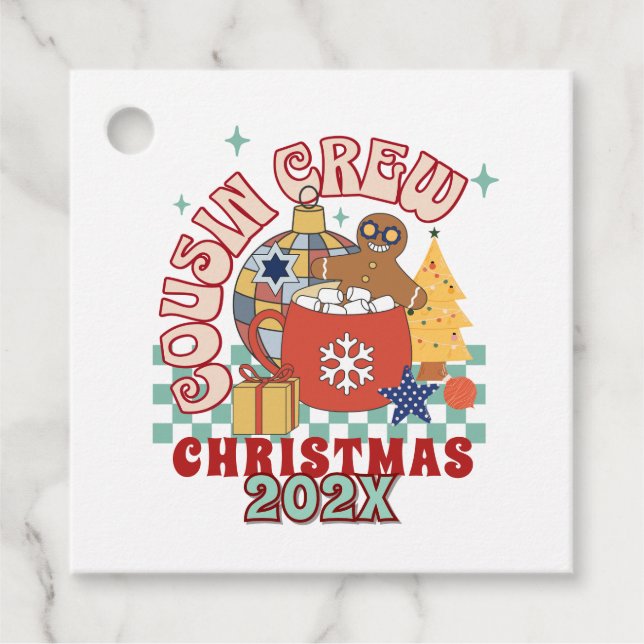 Matchande retro-kusin-besättningsjulbarn gåvor etiketter (Framsida)