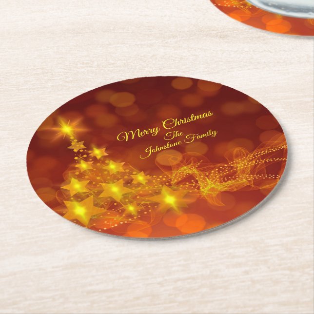 Matchande set Guld Stars Träd Byt Namn Underlägg Papper Rund (Vinklad)