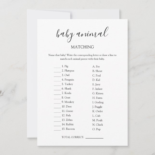 Matchande spelkort för baby djur inbjudningar (Framsida)