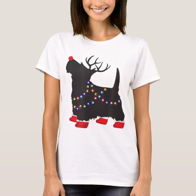 Matching Christmas Pajama Scottie Dog lights Famil T Shirt (Framsida)