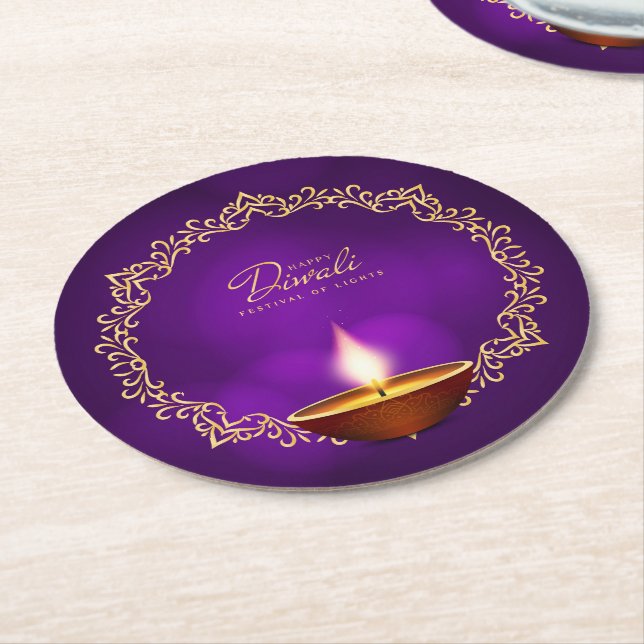 Matching Lycklig Diwali Lila Underlägg Papper Rund (Vinklad)
