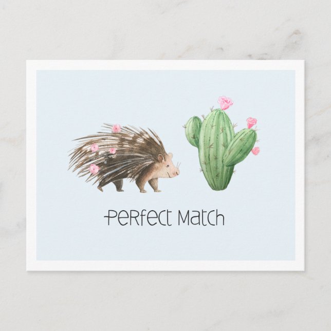 Matchning av perfekt | Cute Porcupine & Cactus Kär Vykort (Framsida)