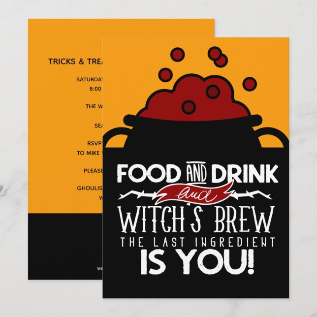 Matdryck och Witch Brew Halloween fest Inbjudningar (Fram/baksida)