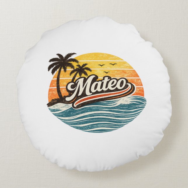 Mateo Retro Solnedgång Namndesign Rund Kudde (Baksidan)