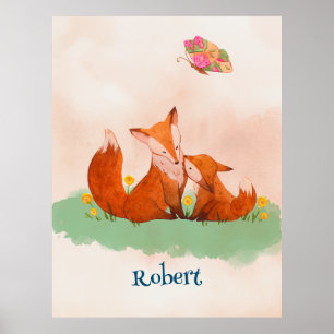 Maternal kärlek mellan en mor räv och hennes unge poster
