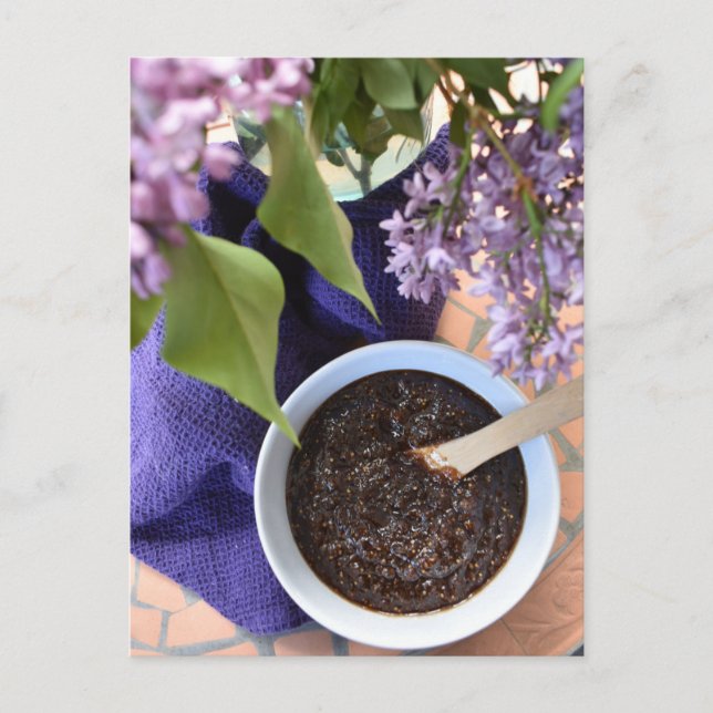 Matfoto Färsk Fig Sylt Lila blommor Vykort (Framsida)