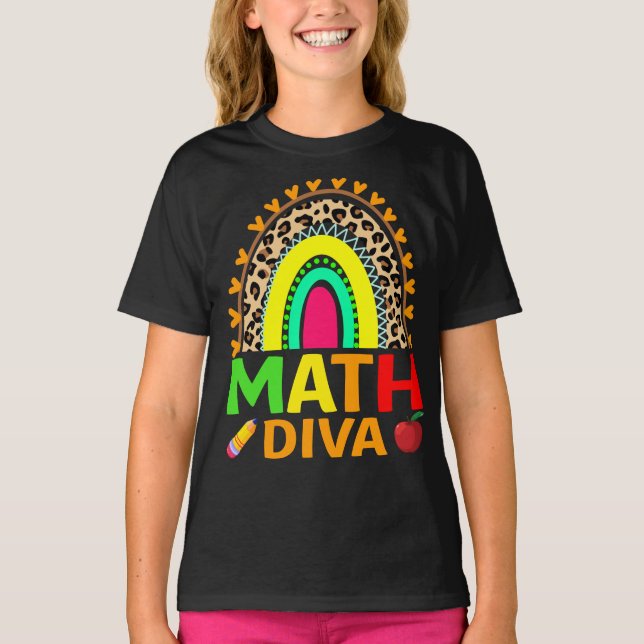 Math Diva Rainbow Leopard Back to school T-Shirt (Framsida)