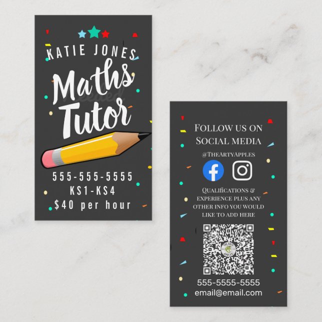 Math English tutor home learning exams Visitkort (Fram/baksida)