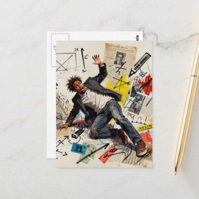 Math is Hard Man Mixed Media Collage Vykort (Fram/Back In Situ)