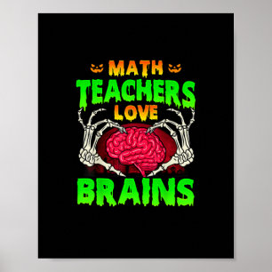 Math Teacher Brains Skeleton Hand Heart Halloween Poster