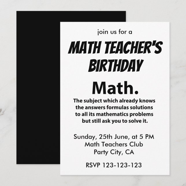 Math Typografi Matematiklärare Födelsedag Math Inbjudningar (Fram/baksida)