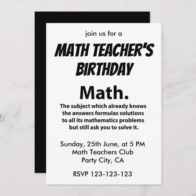 Math Typography Math Teacher Birthday Math Inbjudningar (Fram/baksida)