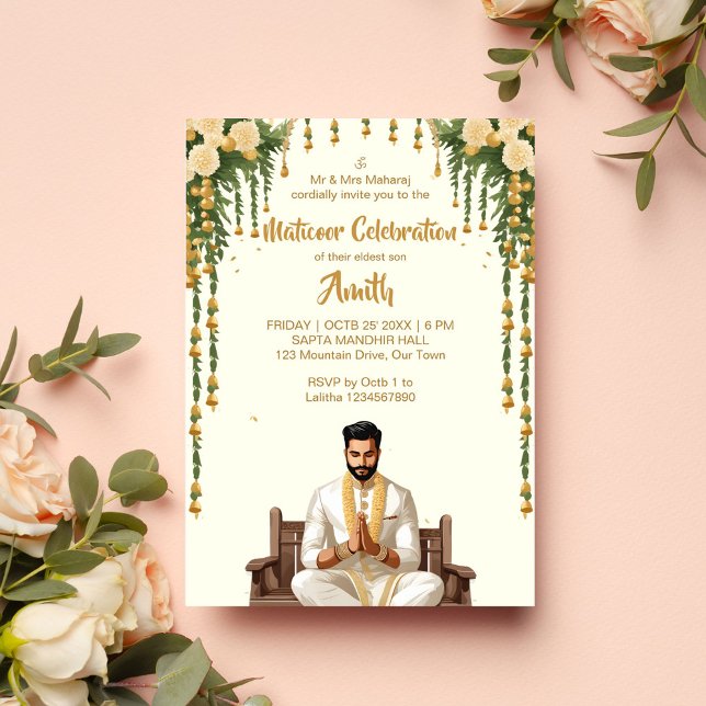 Matikoor Haldi Indian bröllop grooms template Inbjudningar (Matikoor Haldi Indian wedding invitation for a groom editable template digital download cartoon)