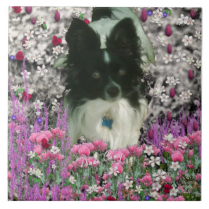 Matisse i blommor - vit & svart Papillon hund Kakelplatta
