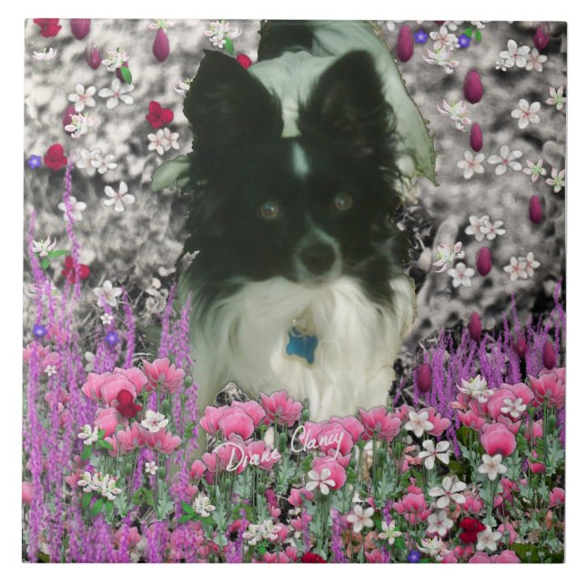Matisse i blommor - vit & svart Papillon hund Kakelplatta (Framsidan)
