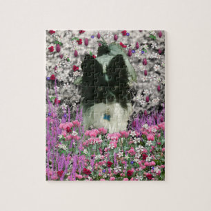 Matisse i blommor - vit & svart Papillon hund Pussel