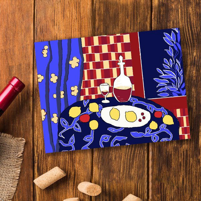 Matisse Inspired Blue stilla Life Red Vin Lemons Vykort (Skapare uppladdad)