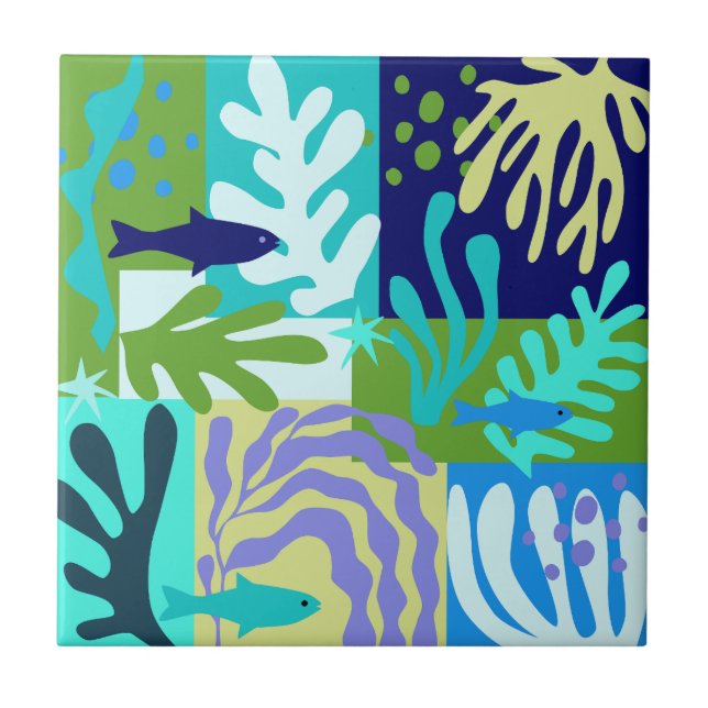 Matisse Inspired Ocean Life Papper Cutouts Aqua Kakelplatta (Framsidan)