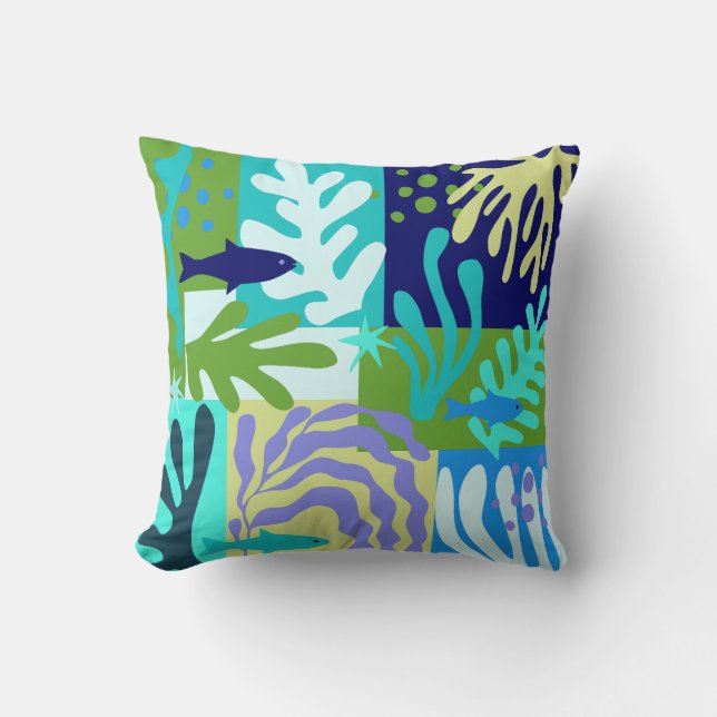 Matisse Inspired Ocean Life Papper Cutouts Aqua Kudde (Framsida)