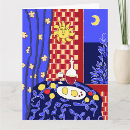 Matisse-inspirerad stilleben natt blå vin citroner kort