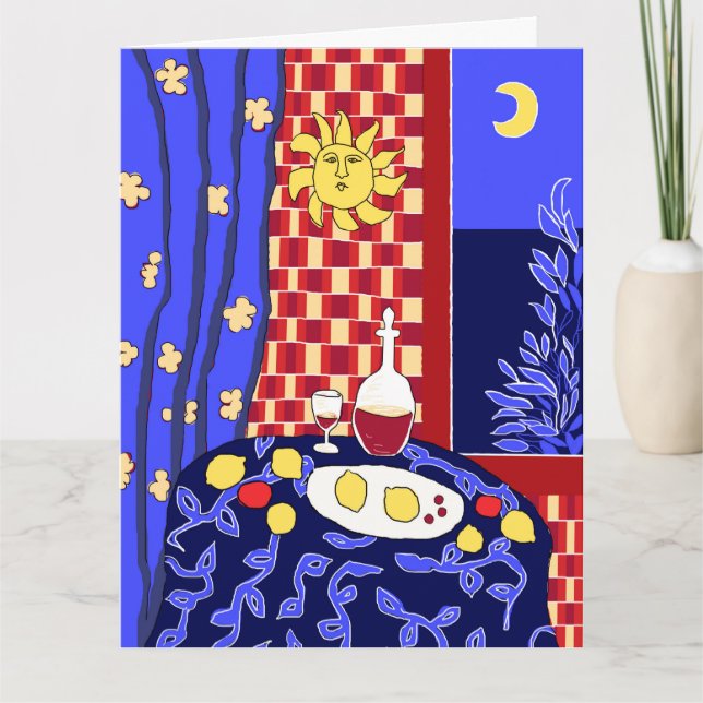 Matisse-inspirerad stilleben natt blå vin citroner kort (Framsida)