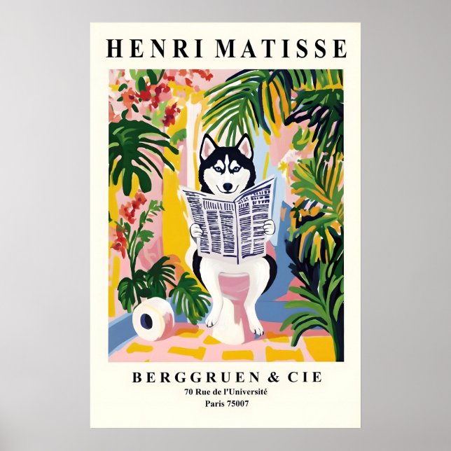 Matisse stil Husky Väggkonst Rolig Hund på Toalett (Framsidan)