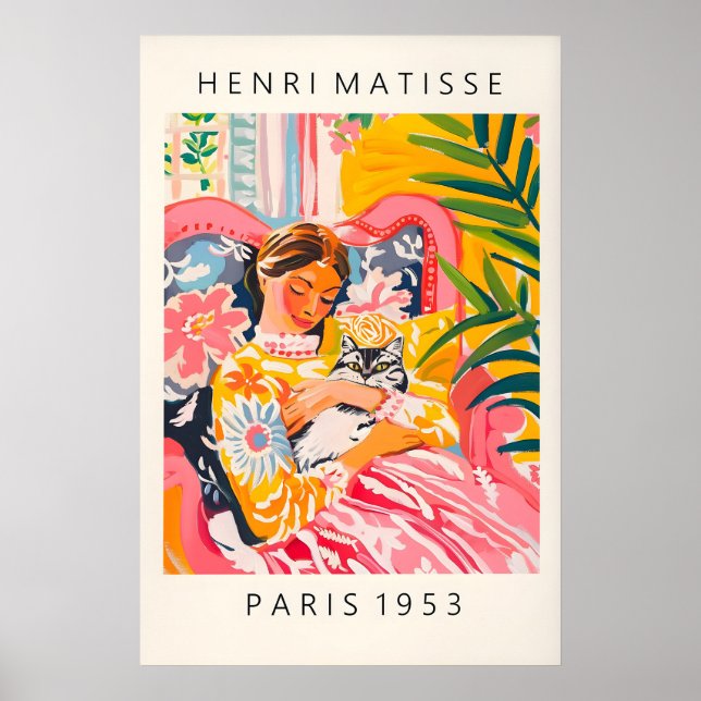 Matisse Stil Katt Konsttryck Rosa Tropisk Kvinna Poster (Framsidan)