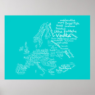 Matkarta av Europa (blått/turkoskrickan/Aqua) Poster
