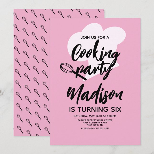 Matlagning Chef Bagare Födelsedagsfest Rosa Inbjudningar (Fram/baksida)