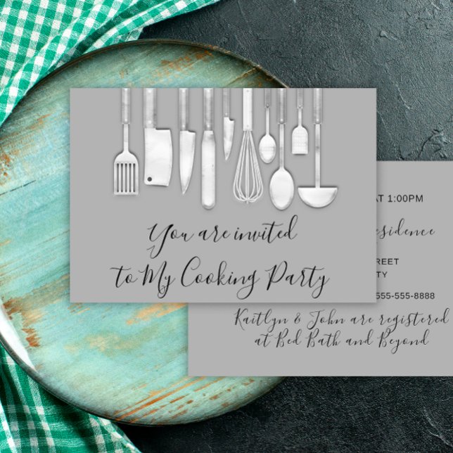 Matlagning Party Chef Gyllene Köket Grå Silver Inbjudningar (Cooking Party Chef Golden Kitchen Gray Silver Invitation)