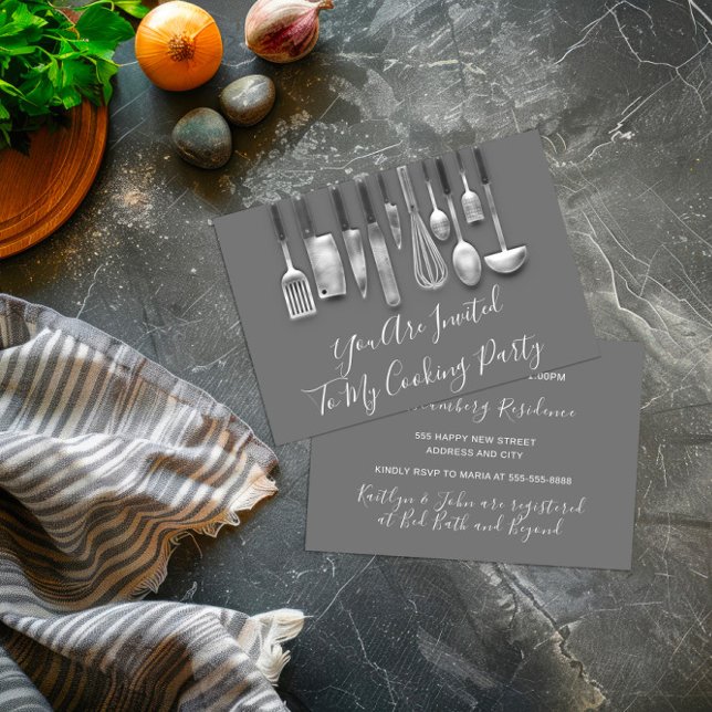 Matlagning Party Kökschef Vit Grå Silver Inbjudningar (Cooking Party Chef Kitchen White Gray Silver Invitation)