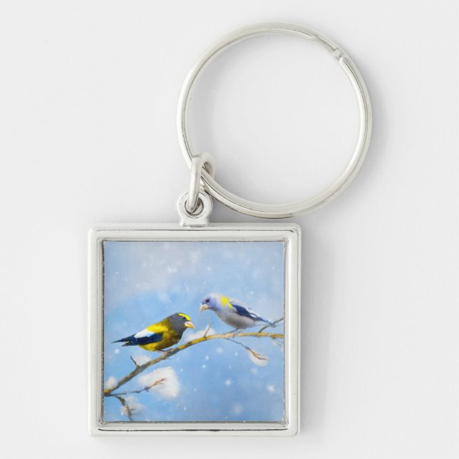 Matmålning av Grosbeak - Utmatning av originalkons Fyrkantig Silverfärgad Nyckelring (Framsidan)