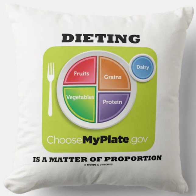 Matning är en proportionell fråga (MyPlate) Kudde (Throw pillow featuring food groups and the truism saying "Dieting Is A Matter Of Proportion")
