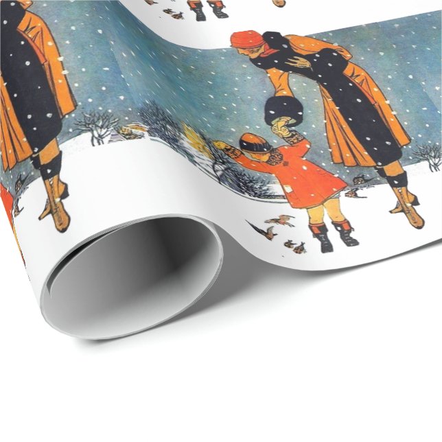 Matning av fåglar på en snöig dag presentpapper (Rullad Hörn)