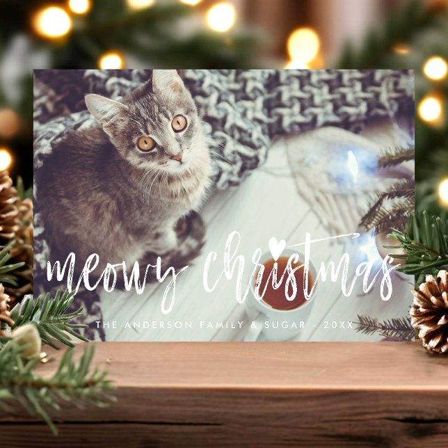 Matowy Jul Cute Script Modern Pet Cat Photo Julkort (Skapare uppladdad)