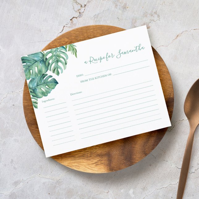 Matreceptkort Tropisk Grönska (Tropical destination wedding stationery recipe for the bride card watercolor by Victoria Grigaliunas)