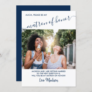 Matron of Honor Blue and White Photo Frieri Card Inbjudningar