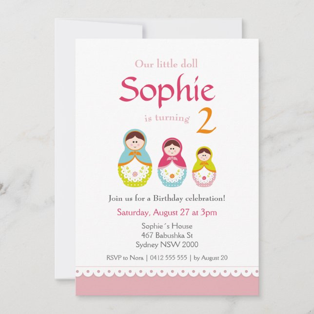 Matryoshka Födelsedagsfest inbjudan (Framsida)